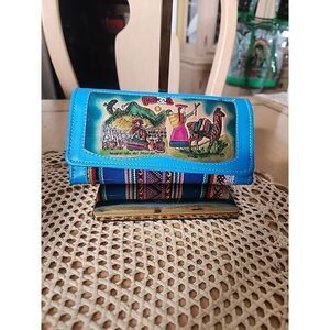 Artesanias Peru BLUE Embroidered LEATHER Trifold Wallet. 7"x4”.